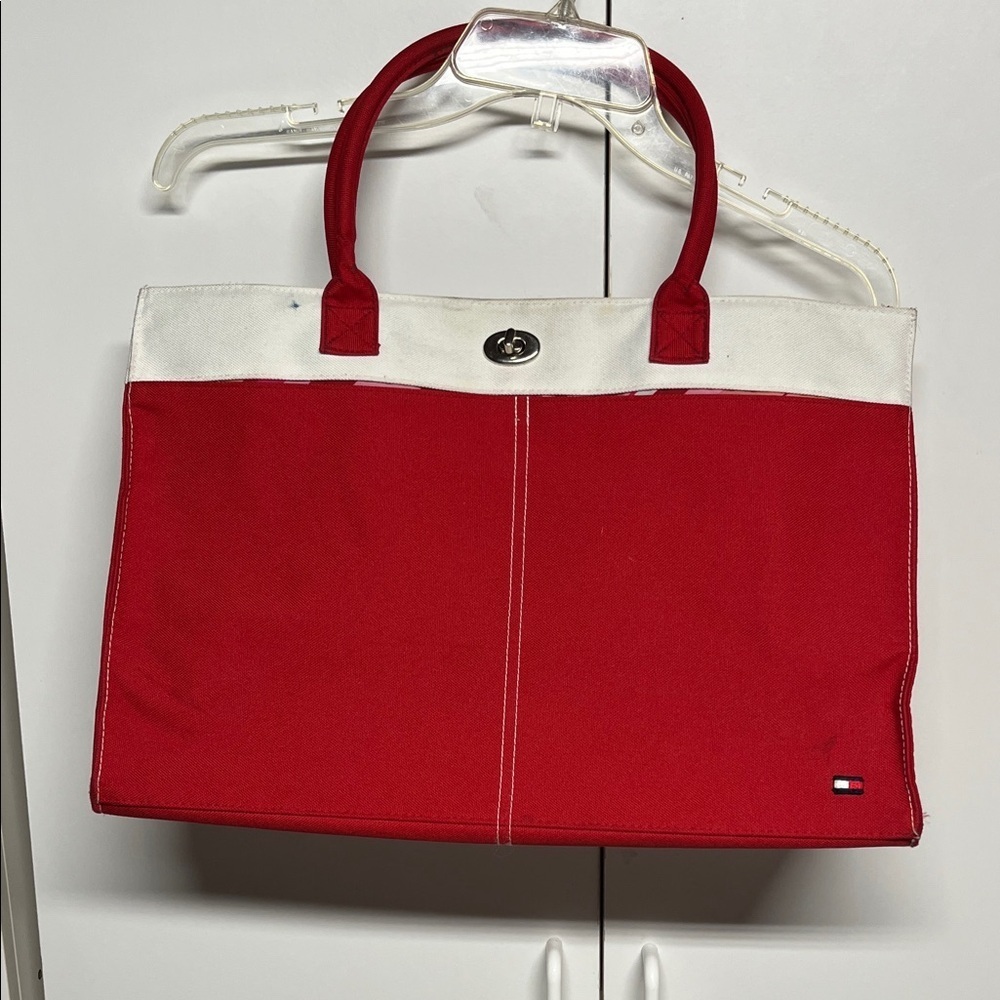 Tommy Hilfiger Red White Canvas Tote Bag Weekender Travel Tote